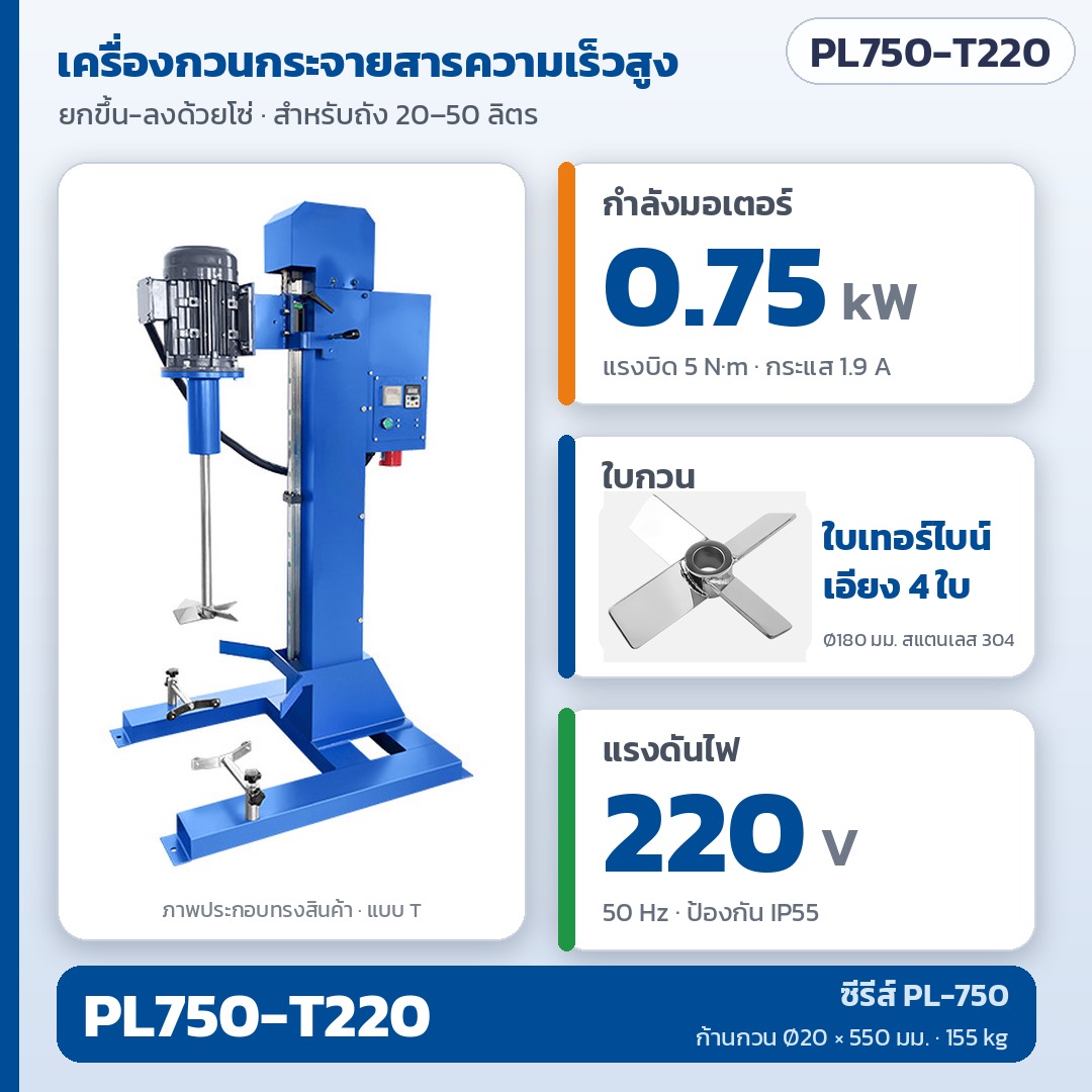 เครื่องกวนกระจายสารความเร็วสูง ถัง 20–50 ลิตร PL-750 / 1100 / 1500 / 2200 – การ์ดรุ่น PL750-T220: เครื่องกวนกระจายสาร PL-750 มอเตอร์ 0.75 kW ใบเทอร์ไบน์เอียง 4 ใบ Ø180 มม. ไฟ 220V (ภาพประกอบทรงสินค้า)