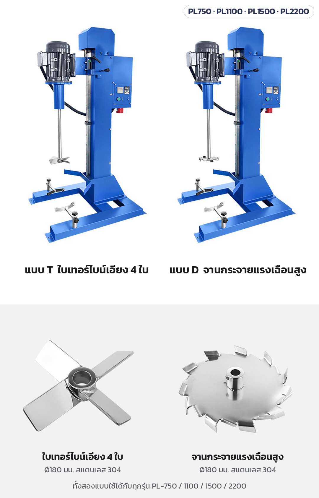 เครื่องกวนกระจายสารความเร็วสูง ถัง 20–50 ลิตร PL-750 / 1100 / 1500 / 2200 – ใบกวน 2 แบบ: แบบ T ใบเทอร์ไบน์เอียง 4 ใบ และแบบ D จานกระจายแรงเฉือนสูง Ø180 มม. สแตนเลส 304 ใช้ได้กับทุกรุ่น