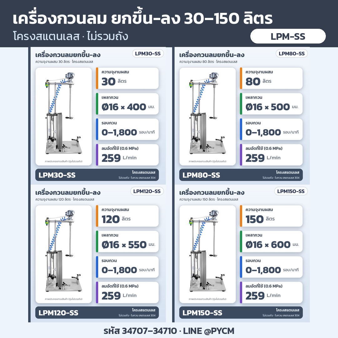 เครื่องกวนลมยกขึ้น-ลง LPM-SS โครงสแตนเลส ไม่รวมถัง ครบ 4 ความจุ 30/80/120/150 ลิตร รหัส 34707–34710 (ภาพประกอบทรงสินค้า)