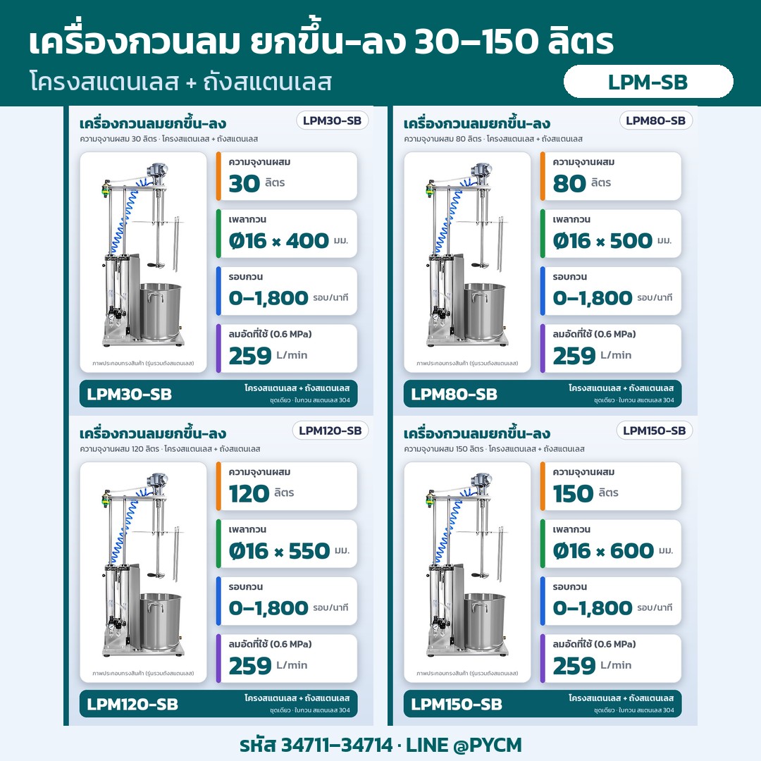 เครื่องกวนลมยกขึ้น-ลง LPM-SB โครงสแตนเลสพร้อมถังสแตนเลส ครบ 4 ความจุ 30/80/120/150 ลิตร รหัส 34711–34714 (ภาพประกอบทรงสินค้า)