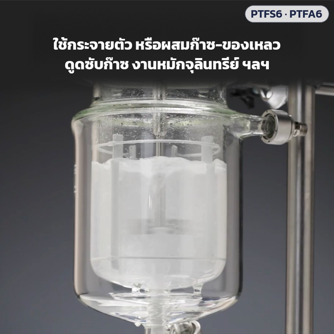 ใบกวนกังหัน 6 ใบ เคลือบ PTFE ใบตรง / ใบเอียง PTFS6 / PTFA6 – ใช้กระจายตัว หรือผสมก๊าซ-ของเหลว ดูดซับก๊าซ งานหมักจุลินทรีย์ (ภาพประกอบการใช้งานในเครื่องปฏิกรณ์แก้ว)