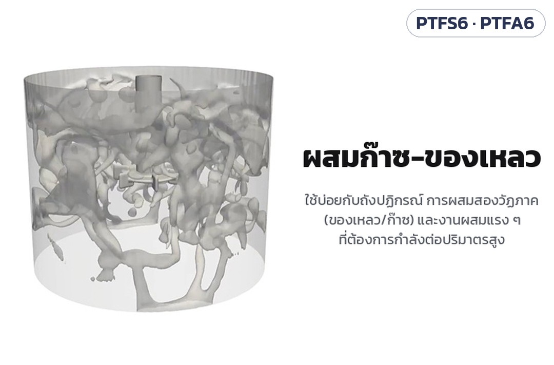 ใบกวนกังหัน 6 ใบ เคลือบ PTFE ใบตรง / ใบเอียง PTFS6 / PTFA6 – ผสมก๊าซ-ของเหลว ใช้บ่อยกับถังปฏิกรณ์ การผสมสองวัฏภาค และงานผสมแรงที่ต้องการกำลังต่อปริมาตรสูง (ภาพจำลองการไหล)