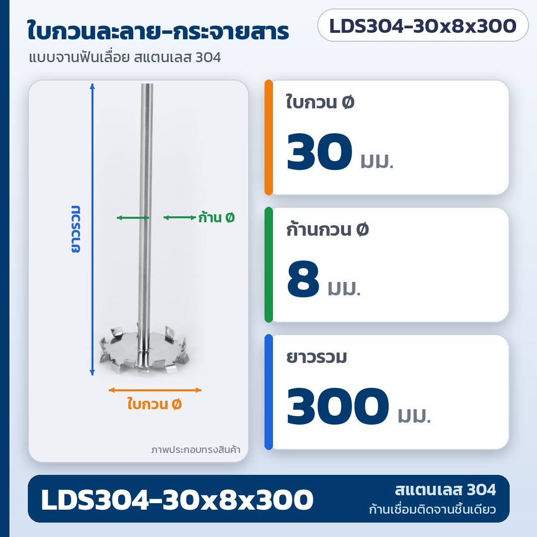การ์ดขนาด LDS304-30x8x300: ใบกวนละลาย-กระจายสาร จานฟันเลื่อย สแตนเลส 304 ใบกวน Ø30 มม. ก้านกวน Ø8 มม. ยาวรวม 300 มม. (ภาพประกอบทรงสินค้า)