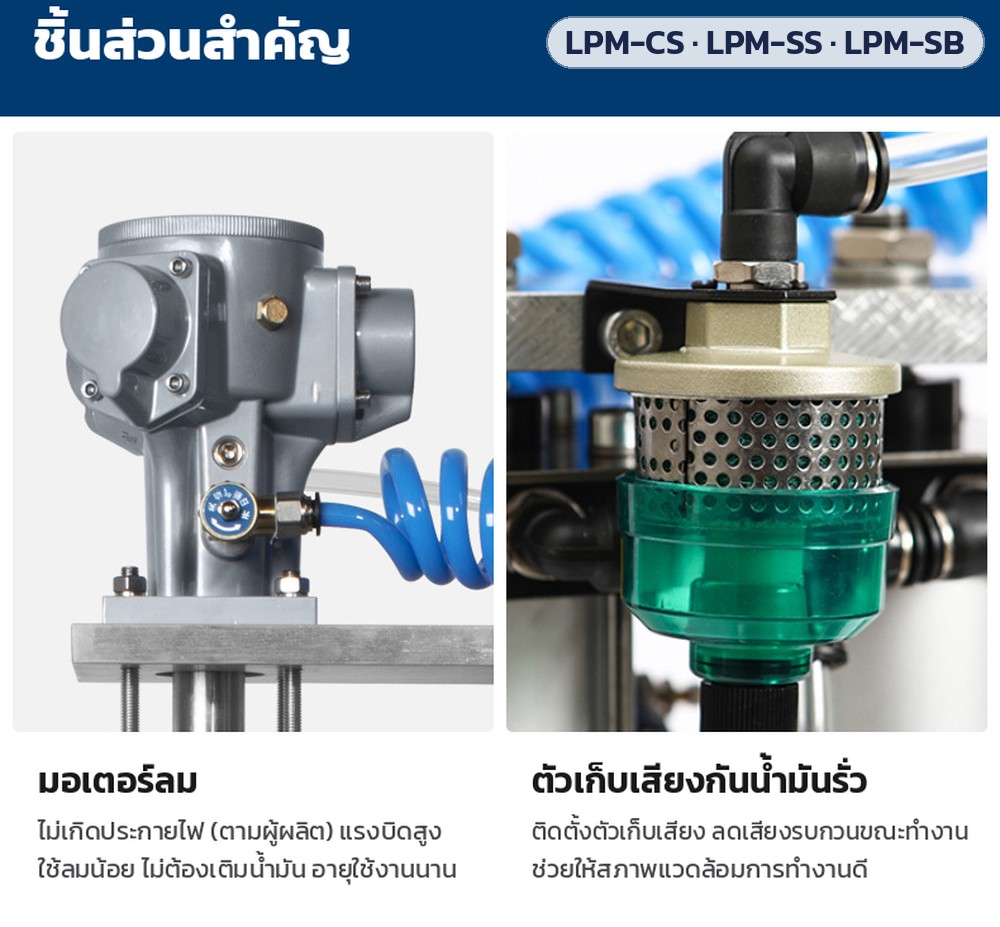 เครื่องกวนลมยกขึ้น-ลง 30–150 ลิตร LPM-CS / LPM-SS / LPM-SB – มอเตอร์ลมไม่เกิดประกายไฟ (ตามผู้ผลิต) แรงบิดสูง ใช้ลมน้อย ไม่ต้องเติมน้ำมัน และตัวเก็บเสียงกันน้ำมันรั่ว ลดเสียงรบกวนขณะทำงาน