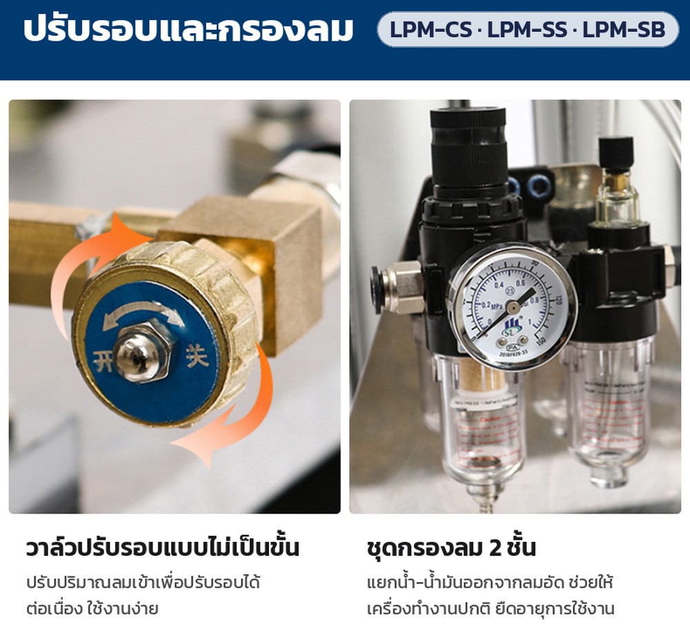 เครื่องกวนลมยกขึ้น-ลง 30–150 ลิตร LPM-CS / LPM-SS / LPM-SB – วาล์วปรับรอบแบบไม่เป็นขั้น ปรับปริมาณลมเข้าเพื่อปรับรอบได้ต่อเนื่อง และชุดกรองลม 2 ชั้น แยกน้ำ-น้ำมันออกจากลมอัด