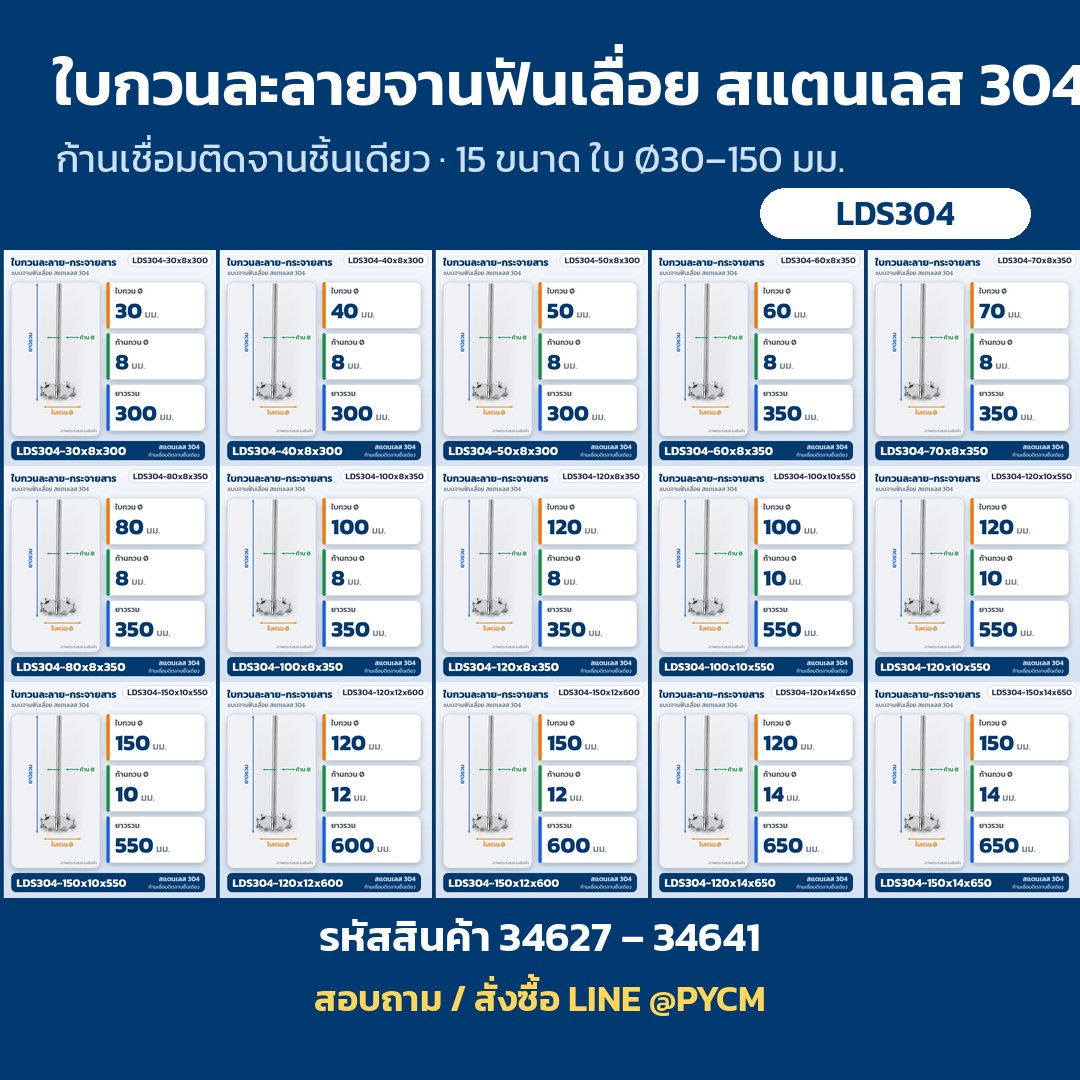 ใบกวนละลายจานฟันเลื่อย สแตนเลส 304 (LDS304) ครบ 15 ขนาด ใบ Ø30–150 มม. รหัส 34627–34641 (ภาพประกอบทรงสินค้า)