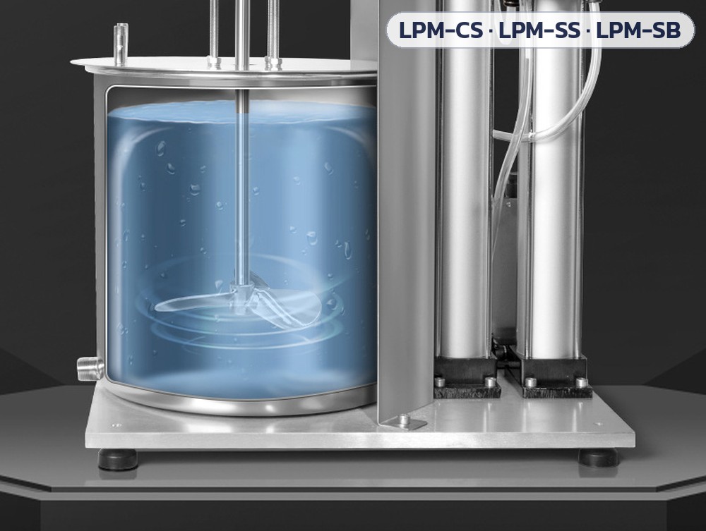 เครื่องกวนลมยกขึ้น-ลง 30–150 ลิตร LPM-CS / LPM-SS / LPM-SB – ภาพประกอบการกวนในถังสแตนเลส ใบกวนจมในของเหลว (ภาพจำลอง)