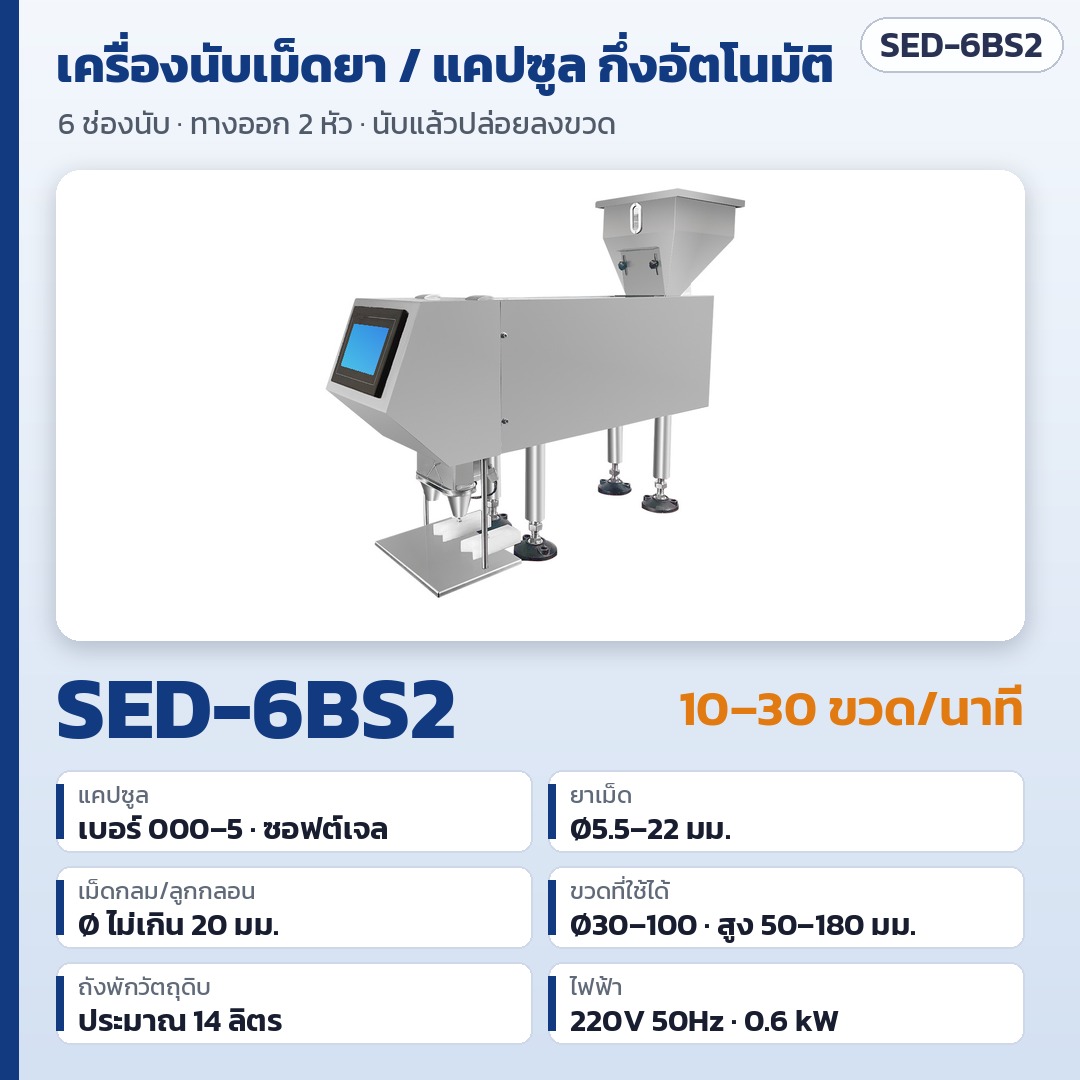 เครื่องนับเม็ดยา แคปซูล ซอฟต์เจล กึ่งอัตโนมัติ 6 ช่องนับ ทางออก 2 หัว นับลงขวด 10–30 ขวด/นาที รุ่น SED-6BS2 (Semi-Automatic Tablet Capsule Counter)