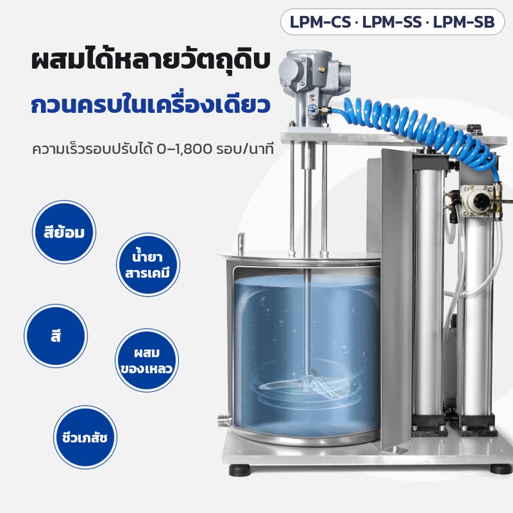 เครื่องกวนลมยกขึ้น-ลง 30–150 ลิตร LPM-CS / LPM-SS / LPM-SB – ผสมได้หลายวัตถุดิบ เช่น สีย้อม น้ำยา-สารเคมี สี ผสมของเหลว ชีวเภสัช ความเร็วรอบปรับได้ 0–1,800 รอบ/นาที
