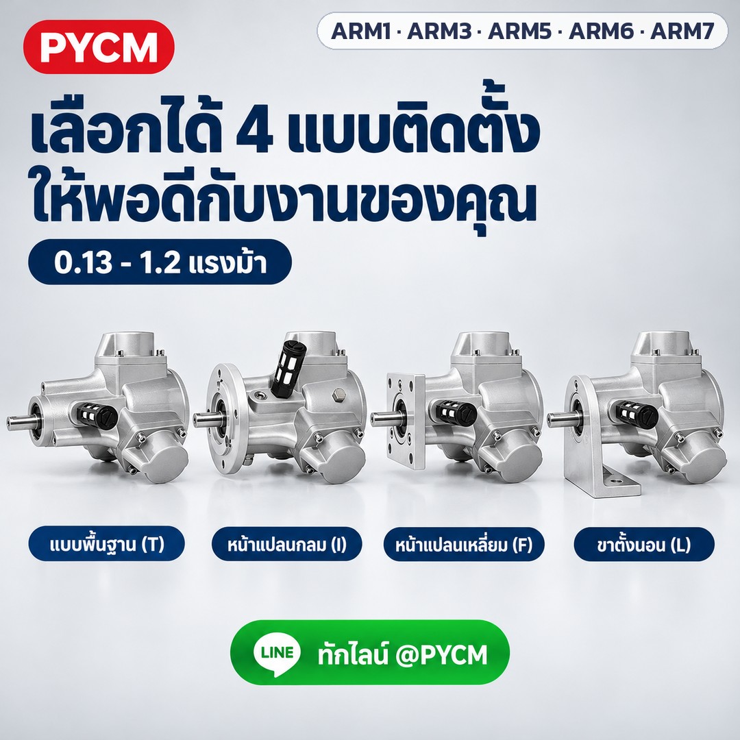 ภาพโฆษณาจำลองด้วย AI (ภาพประกอบ ไม่ใช่ภาพถ่ายจริง): มอเตอร์ลมแบบลูกสูบ เลือกได้ 4 แบบติดตั้ง คือ แบบพื้นฐาน หน้าแปลนกลม หน้าแปลนเหลี่ยม และขาตั้งนอน (ภาพจำลอง)