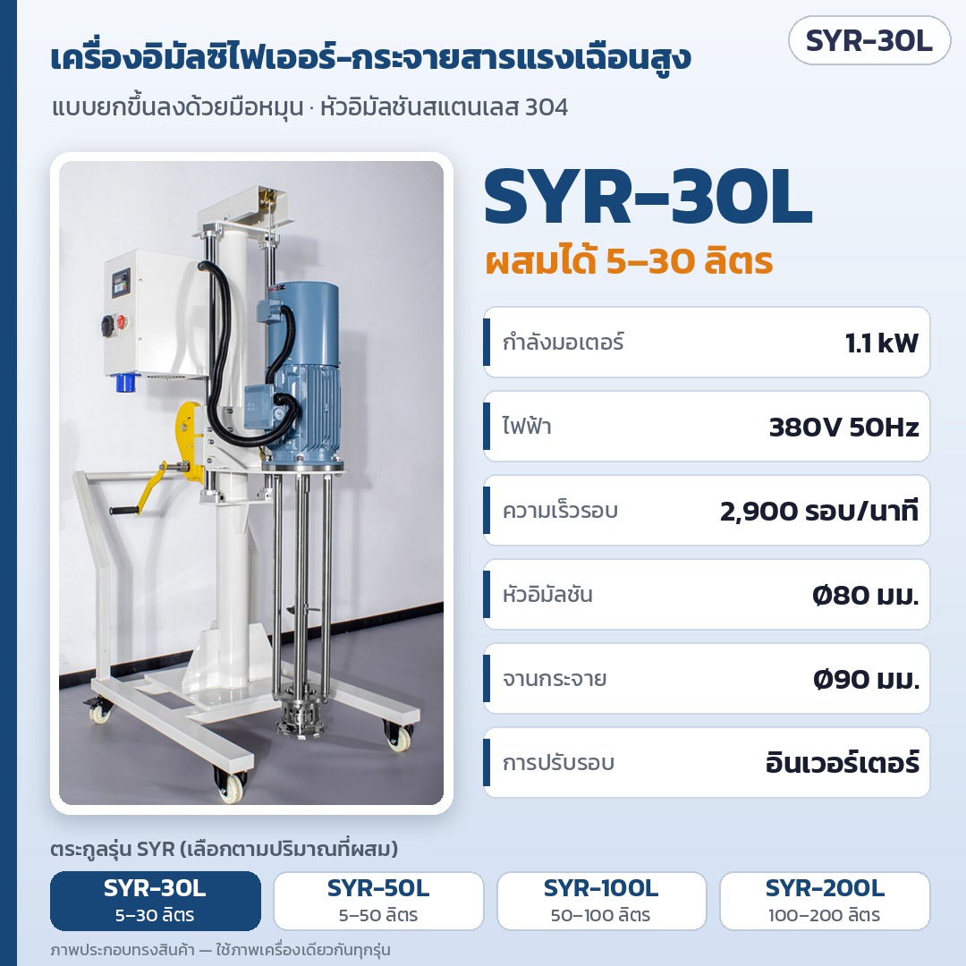 การ์ดรุ่น SYR-30L: เครื่องอิมัลซิไฟเออร์-กระจายสารแรงเฉือนสูง แบบยกขึ้นลงด้วยมือหมุน มอเตอร์ 1.1 kW 380V ผสมได้ 5–30 ลิตร หัวอิมัลชัน Ø80 มม. จานกระจาย Ø90 มม. (ภาพประกอบทรงสินค้า)