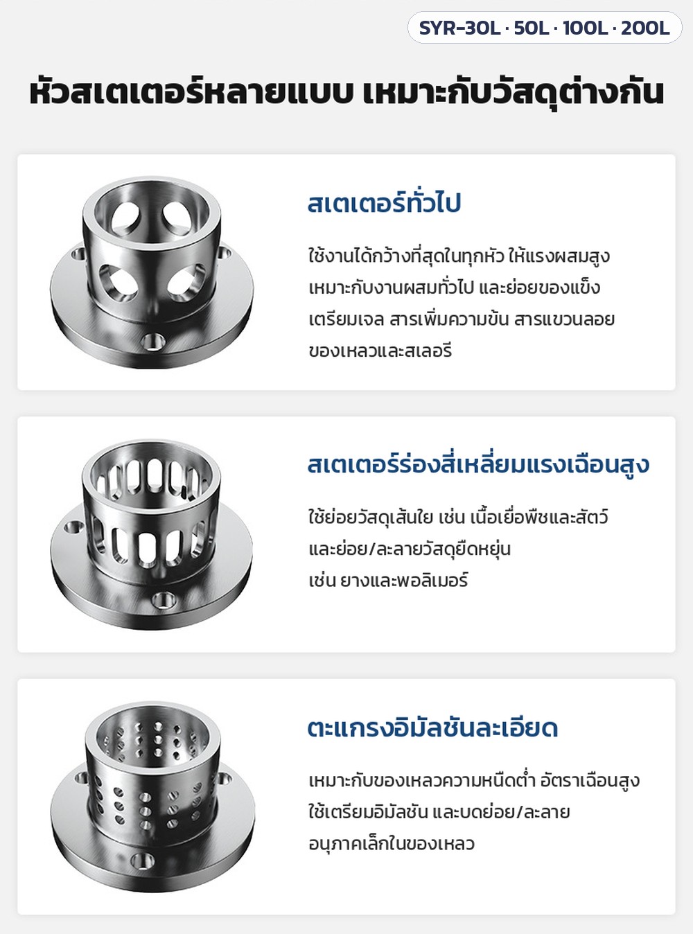 เครื่องอิมัลซิไฟเออร์ยกขึ้นลงมือหมุน SYR-30L / 50L / 100L / 200L – หัวสเตเตอร์ 3 แบบ: สเตเตอร์ทั่วไป · สเตเตอร์ร่องสี่เหลี่ยมแรงเฉือนสูง (วัสดุเส้นใย/ยืดหยุ่น) · ตะแกรงอิมัลชันละเอียด (ของเหลวความหนืดต่ำ) ตามภาพผู้ผลิต