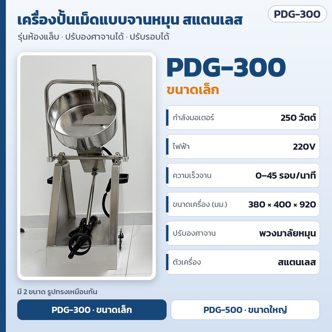 เครื่องปั้นเม็ดแบบจานหมุน สแตนเลส รุ่นห้องแล็บ ปรับองศาจาน ปรับรอบ 0–45 รอบ/นาที 250W 220V รุ่น PDG (Disc / Pan Granulator)