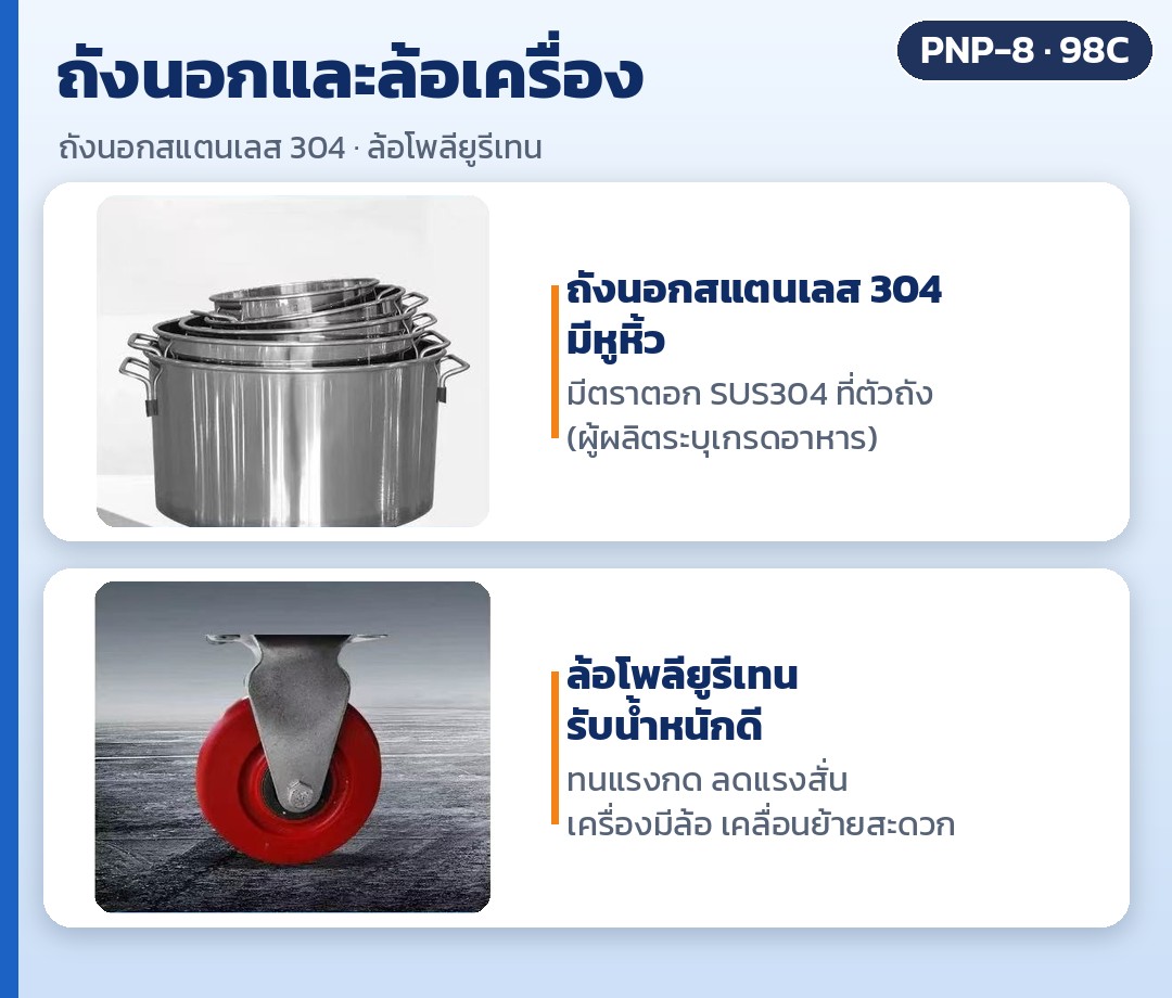 เครื่องบีบคั้นระบบลม สแตนเลส 304 รุ่น PNP – ถังนอกสแตนเลส 304 มีหูหิ้ว มีตราตอก SUS304 และล้อโพลียูรีเทนรับน้ำหนักได้ดี เคลื่อนย้ายเครื่องสะดวก