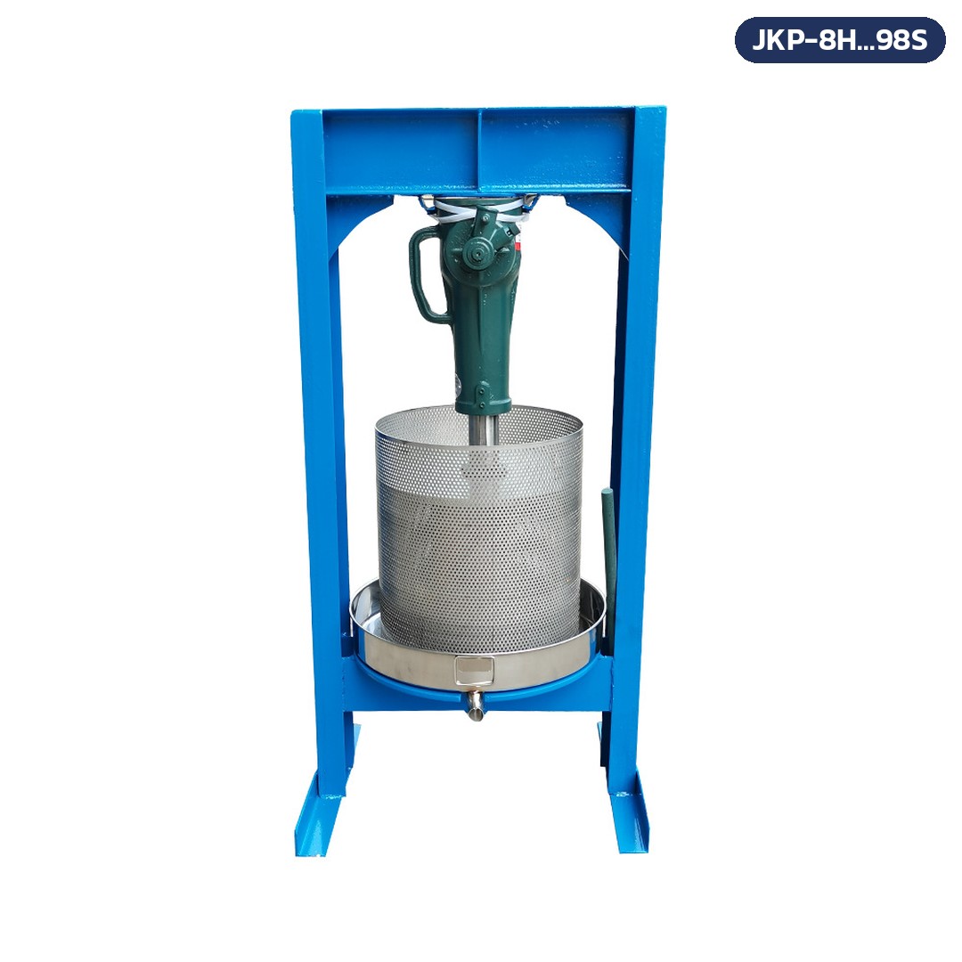 เครื่องบีบคั้นแบบแม่แรง สแตนเลส 304 รุ่น JKP – ภาพตัวเครื่องพื้นขาว: โครงเหล็กพ่นสีฟ้า แม่แรงเกลียวห้อยจากคานบน ถังตะแกรงสแตนเลสเจาะรูตั้งบนถาดรองที่มีปากเทน้ำ