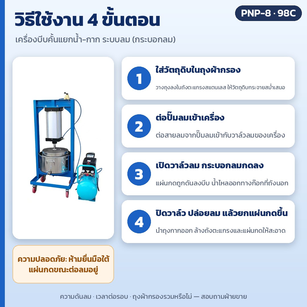 เครื่องบีบคั้นระบบลม สแตนเลส 304 รุ่น PNP – วิธีใช้ 4 ขั้นตอน: ใส่วัตถุดิบในถุงผ้ากรอง ต่อปั๊มลมเข้าเครื่อง เปิดวาล์วลมให้กระบอกลมกดบีบ ปิดวาล์ว ยกแผ่นกด นำกากออก (ห้ามยื่นมือใต้แผ่นกดขณะต่อลม)