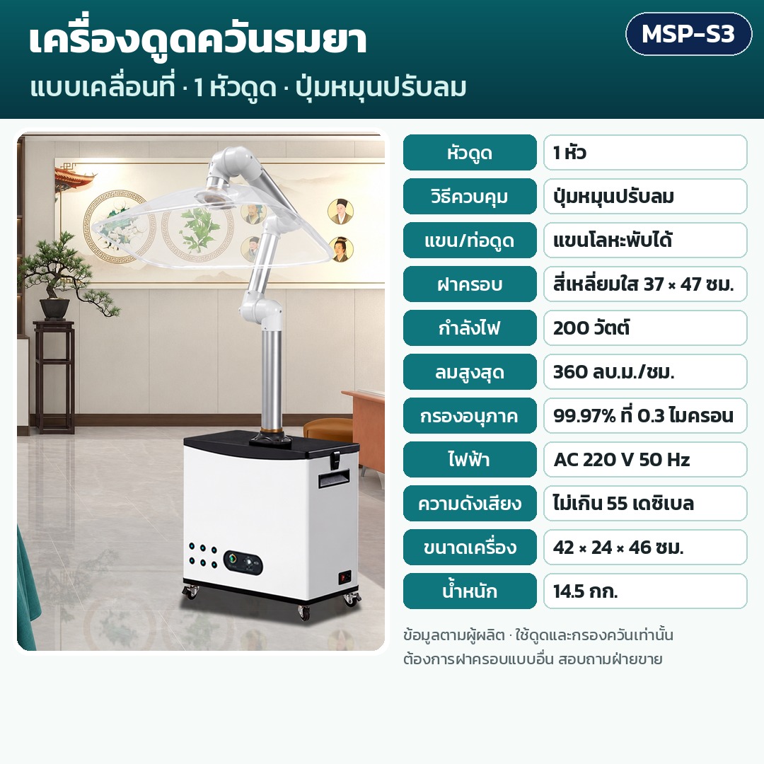 การ์ดรุ่น MSP-S3: เครื่องดูดควันรมยา 1 หัวดูด ควบคุมปุ่มหมุนปรับลม แขนโลหะพับได้ ฝาครอบ 37×47 ซม. กำลัง 200 วัตต์ ลมสูงสุด 360 ลบ.ม./ชม. กรอง 99.97% น้ำหนัก 14.5 กก. ขนาด 42×24×46 ซม.