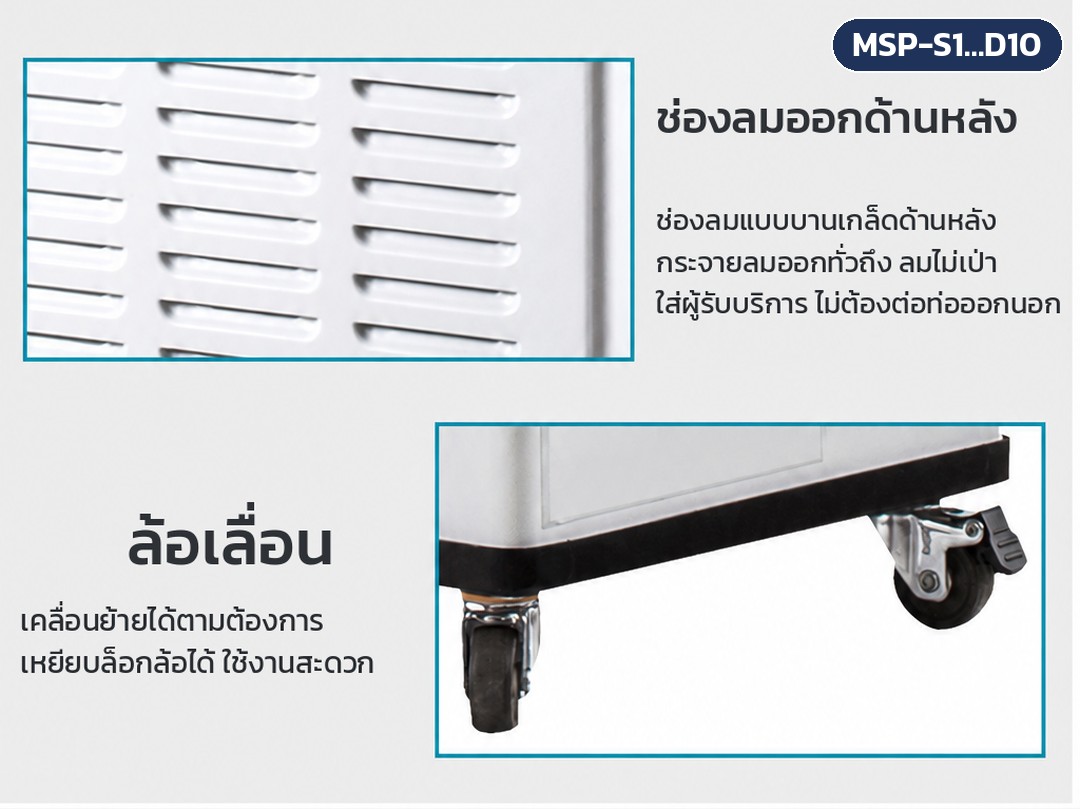 เครื่องดูดควันรมยา แบบเคลื่อนที่ รุ่น MSP – ช่องลมออกด้านหลังแบบบานเกล็ด ลมไม่เป่าใส่ผู้รับบริการ ไม่ต้องต่อท่อออกนอก และล้อเลื่อนล็อกล้อได้ เคลื่อนย้ายสะดวก