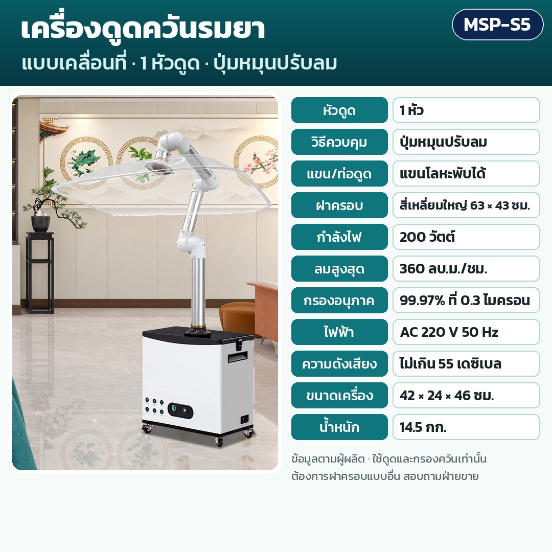 การ์ดรุ่น MSP-S5: เครื่องดูดควันรมยา 1 หัวดูด ควบคุมปุ่มหมุนปรับลม แขนโลหะพับได้ ฝาครอบ 63×43 (ใหญ่) ซม. กำลัง 200 วัตต์ ลมสูงสุด 360 ลบ.ม./ชม. กรอง 99.97% น้ำหนัก 14.5 กก. ขนาด 42×24×46 ซม.