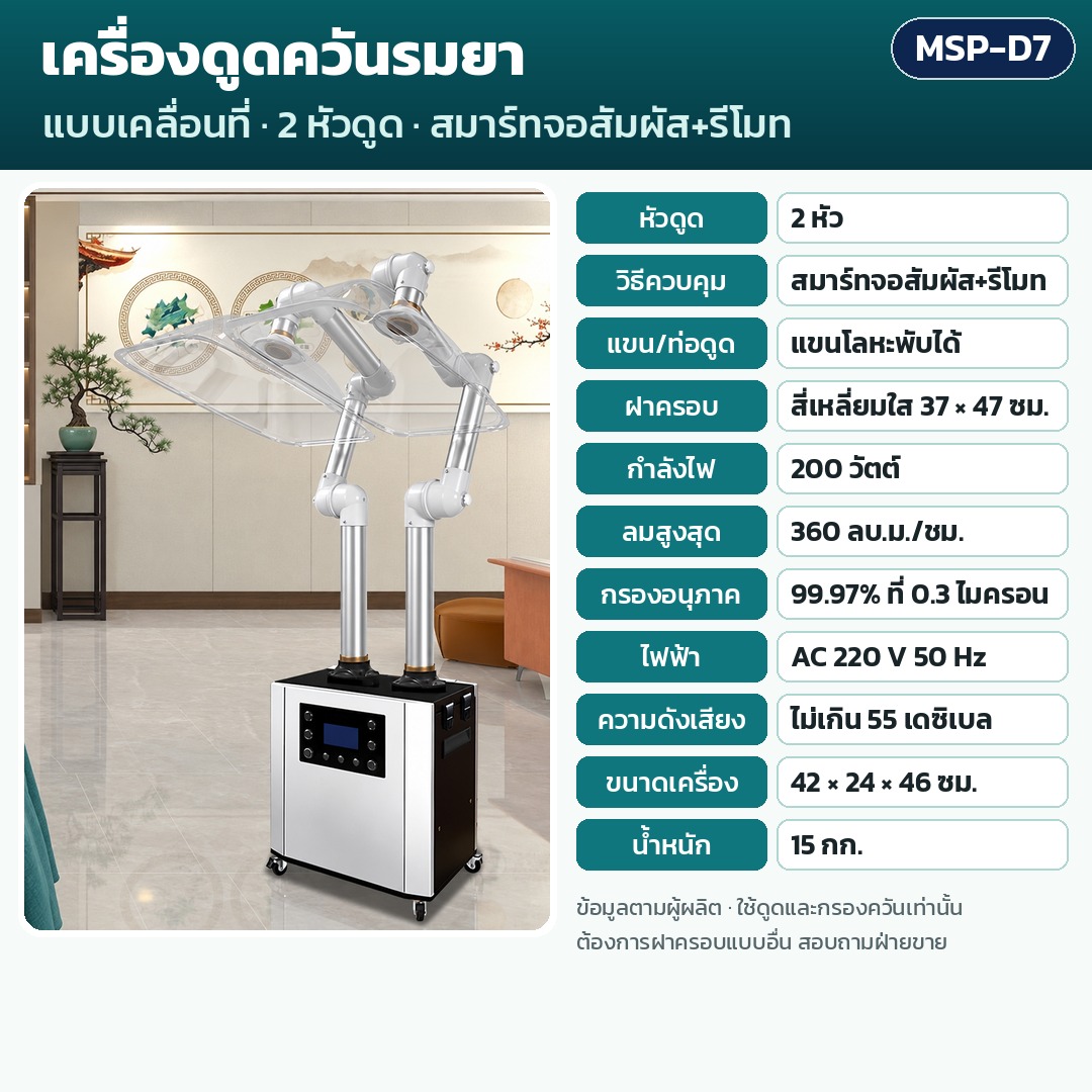 การ์ดรุ่น MSP-D7: เครื่องดูดควันรมยา 2 หัวดูด ควบคุมสมาร์ทจอสัมผัส+รีโมท แขนโลหะพับได้ ฝาครอบ 37×47 ซม. กำลัง 200 วัตต์ ลมสูงสุด 360 ลบ.ม./ชม. กรอง 99.97% น้ำหนัก 15 กก. ขนาด 42×24×46 ซม.