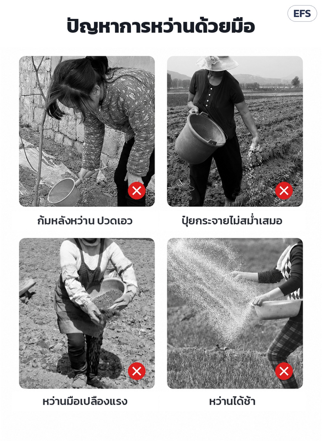 เครื่องหว่านปุ๋ยไฟฟ้า สะพายหลัง EFS ถัง 25/30 ลิตร – ปัญหาการหว่านปุ๋ยด้วยมือแบบเดิม: ก้มหลังจนปวดเอว ปุ๋ยกระจายไม่สม่ำเสมอ เปลืองแรง และหว่านได้ช้า