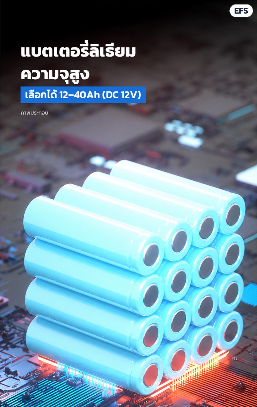เครื่องหว่านปุ๋ยไฟฟ้า สะพายหลัง EFS ถัง 25/30 ลิตร – แบตเตอรี่ลิเธียม 12V มีให้เลือก 12–40Ah (35/40Ah เป็นแบตก้อนใหญ่)