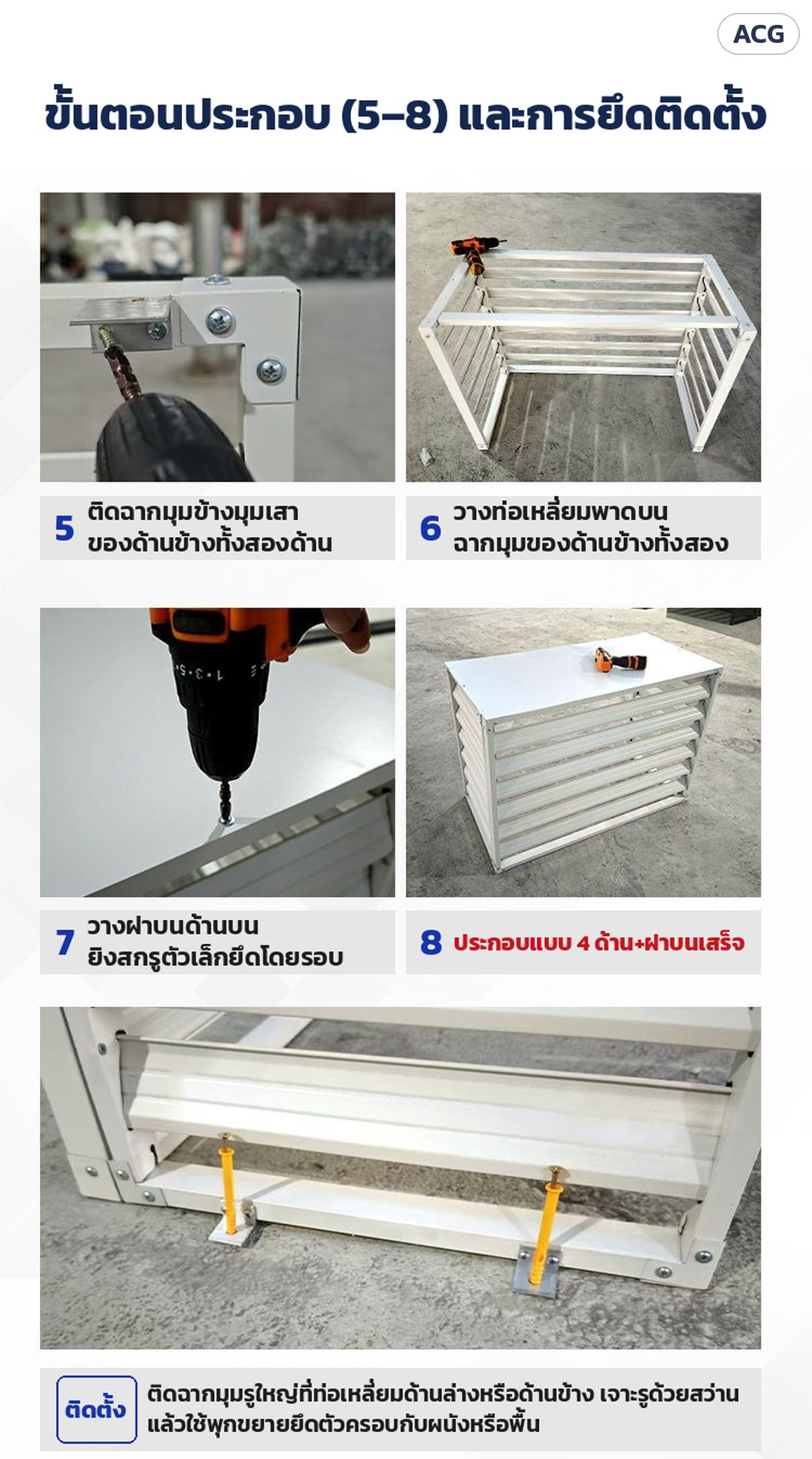 ที่ครอบคอยล์ร้อนแอร์ ระแนงบานเกล็ด ACG – ขั้นตอนประกอบ 5–8: ติดฉากมุม วางท่อเหลี่ยม ปิดฝาบนแล้วยิงสกรู และยึดตัวครอบกับผนังหรือพื้นด้วยพุกขยาย