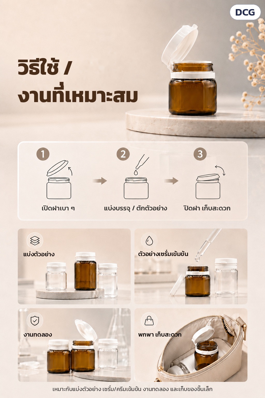 ขวดแก้วฝาพลิกสแนป 5/10/15 มล. ใส/ชา DCG – วิธีใช้: เปิดฝา แบ่งบรรจุ/ตักตัวอย่าง ปิดฝาเก็บ · งานที่เหมาะสม แบ่งตัวอย่าง งานทดลอง พกพา