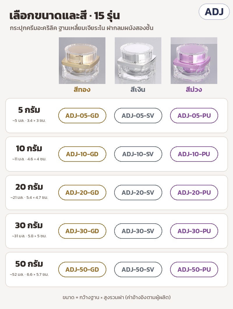 กระปุกครีมอะคริลิค ฐานเหลี่ยมเจียระไน 5-50 กรัม ทอง/เงิน/ม่วง ADJ – ตารางเลือกรุ่น 15 รหัส: 5 ขนาด 5 / 10 / 20 / 30 / 50 กรัม × 3 สี ทอง (GD) · เงิน (SV) · ม่วง (PU)