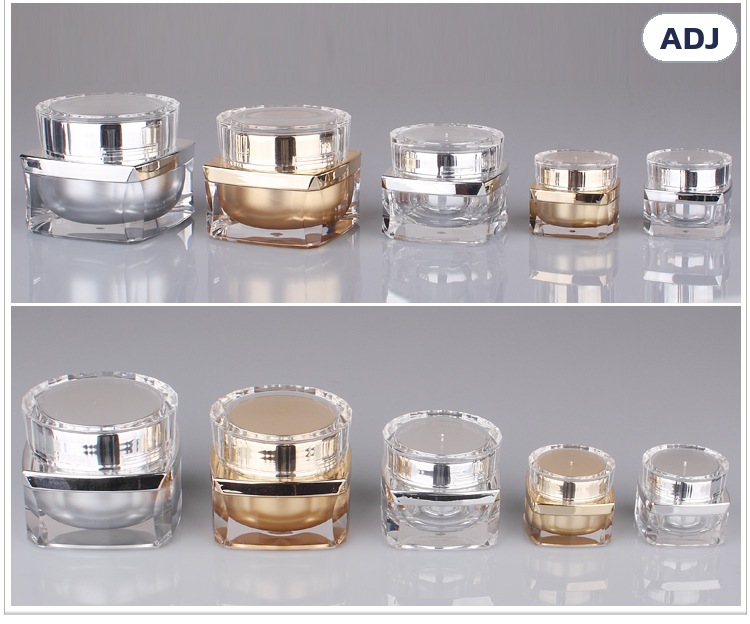 กระปุกครีมอะคริลิค ฐานเหลี่ยมเจียระไน 5-50 กรัม ทอง/เงิน/ม่วง ADJ – ภาพเปรียบเทียบสีทองและสีเงินหลายขนาด