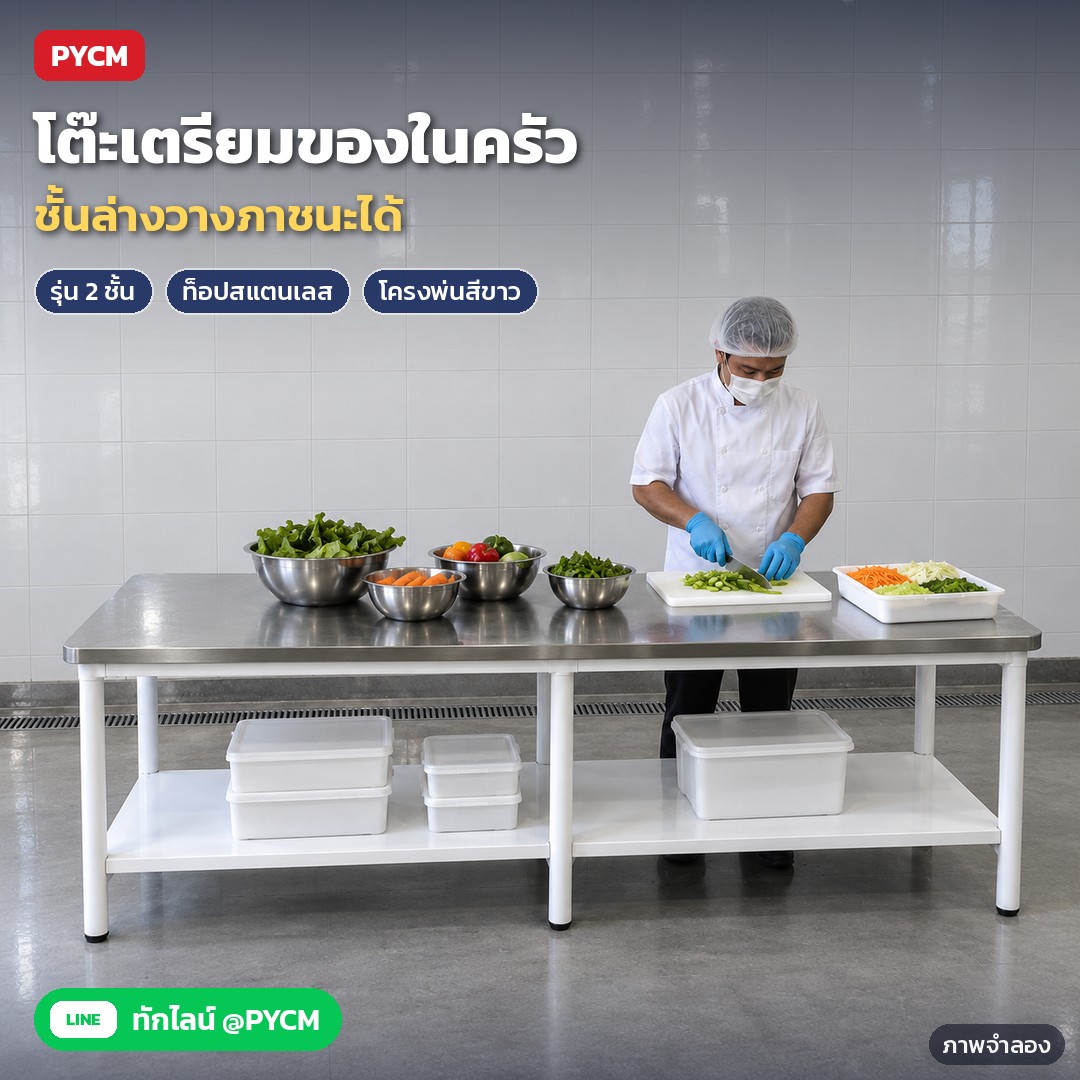 โต๊ะท็อปสแตนเลส SWT โครงสีขาว/ดำ ชั้นเดียว / 2 ชั้น – ภาพจำลองด้วย AI (ภาพประกอบ ไม่ใช่ภาพถ่ายจริง): รุ่น 2 ชั้น โครงสีขาว ใช้เป็นโต๊ะเตรียมวัตถุดิบในครัว ชั้นล่างวางภาชนะได้