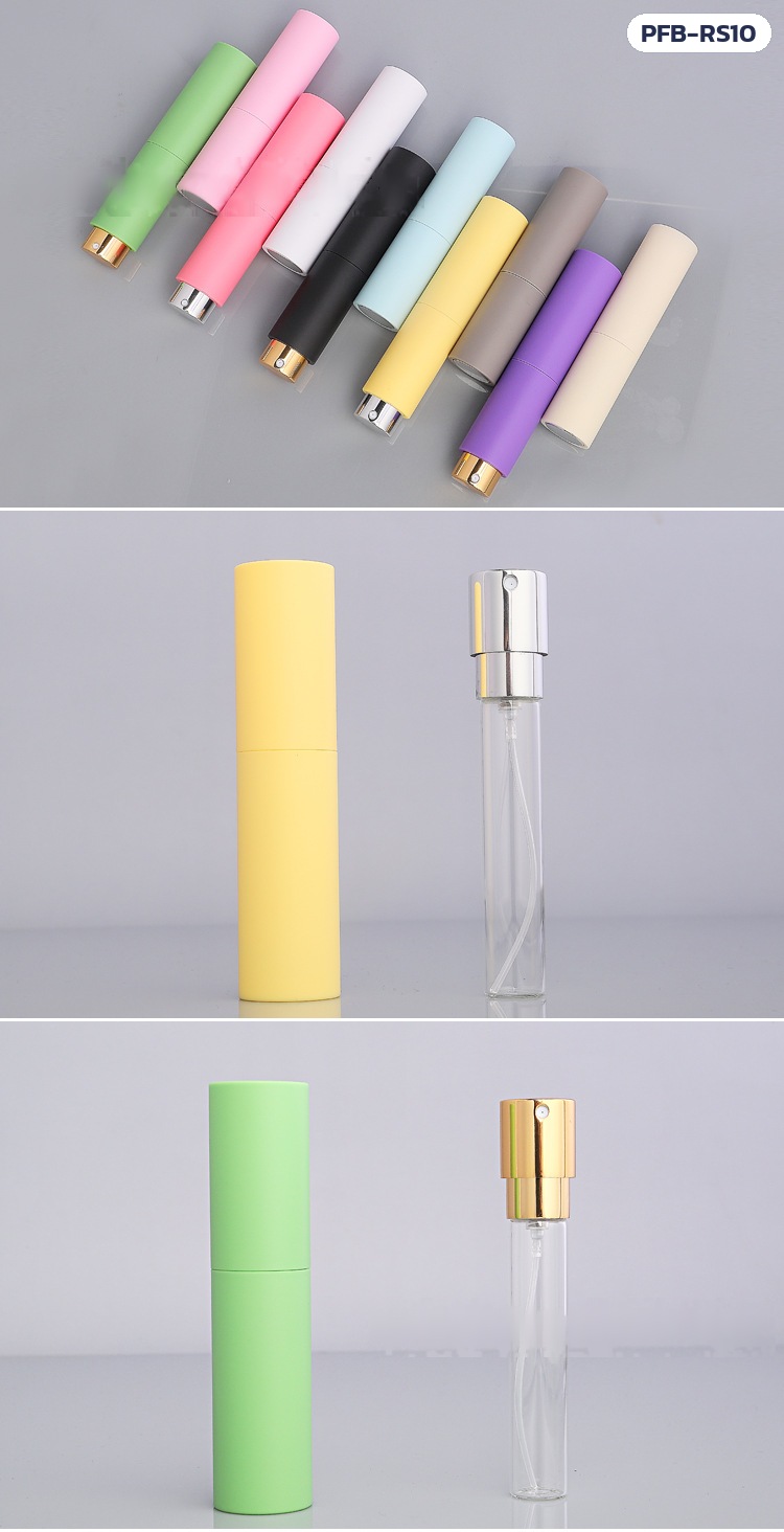 ขวดสเปรย์น้ำหอมพกพา แบบหมุน 10 มล. 10 สี หัวเงิน/ทอง PFB-RS10 – ภาพถ่ายจริงวางเรียงเฉียง 10 สี หัวสเปรย์สีเงินและสีทอง