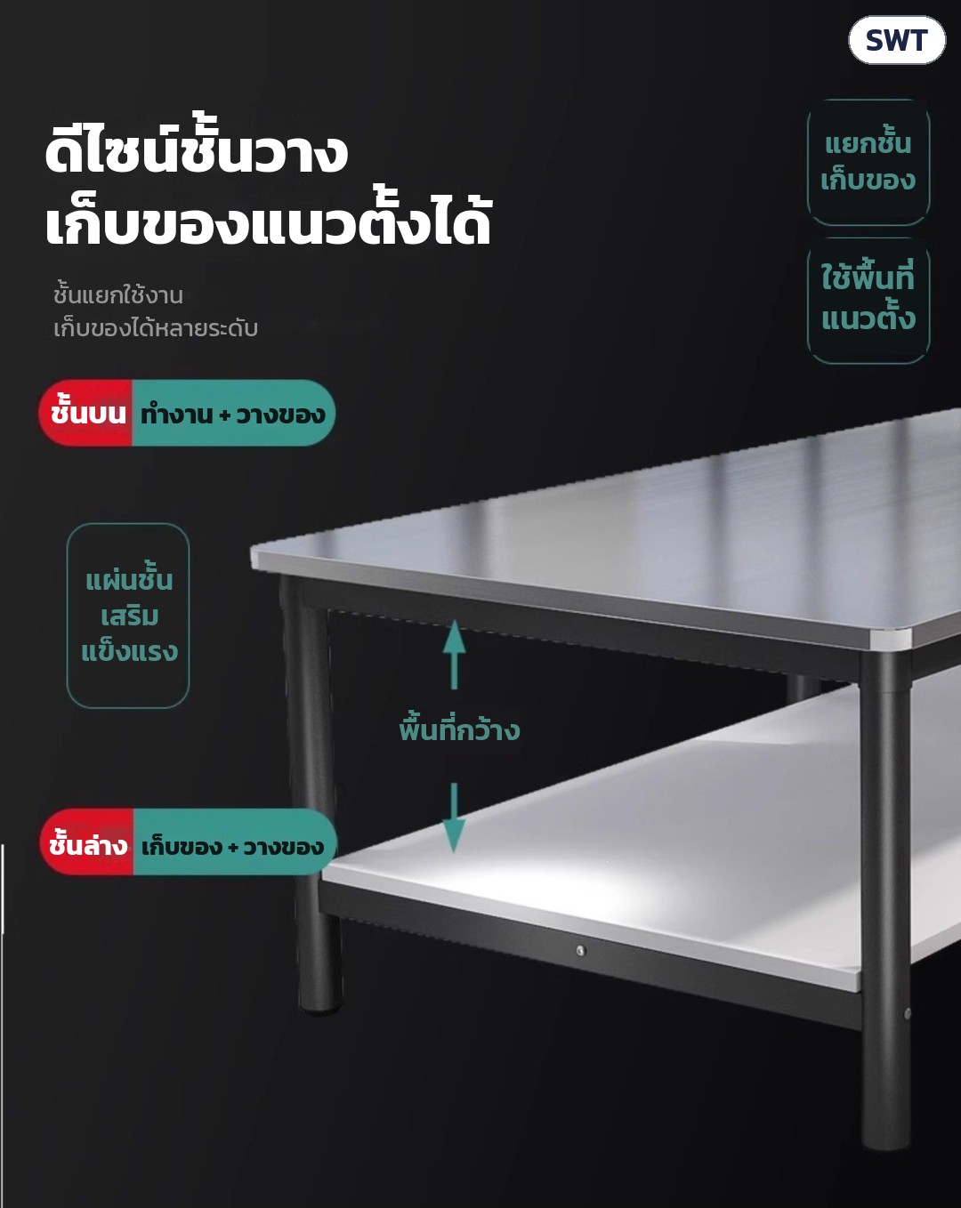 โต๊ะท็อปสแตนเลส SWT โครงสีขาว/ดำ ชั้นเดียว / 2 ชั้น – แบบ 2 ชั้น: ชั้นบนใช้ทำงานและวางของ ชั้นล่างเก็บของใต้โต๊ะ ใช้พื้นที่แนวตั้งได้เต็มที่