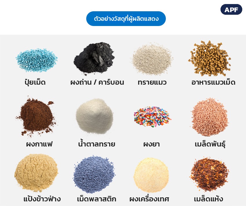 เครื่องบรรจุผงสกรู APF 0.1–100 กรัม – ตัวอย่างวัสดุที่ผู้ผลิตแสดง ปุ๋ยเม็ด ผงถ่าน ทรายแมว อาหารแมว ผงกาแฟ น้ำตาลทราย ผงเครื่องเทศ เม็ดพลาสติก (ควรทดลองกับผงจริงก่อนสั่ง)