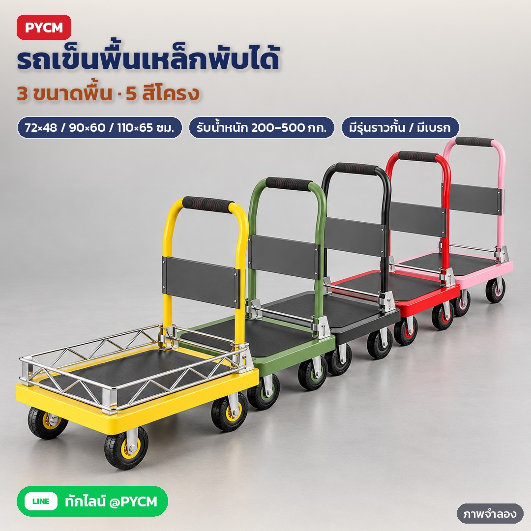 รถเข็นของพื้นเหล็กพับได้ 4 ล้อ 3 ขนาด 5 สี FPT – ภาพจำลองด้วย AI (ภาพประกอบ ไม่ใช่ภาพถ่ายจริง): รถเข็นของพื้นเหล็กพับได้ 4 ล้อ เรียงครบ 5 สีโครง เหลือง เขียว ดำ แดง ชมพู คันหน้าเป็นรุ่นมีราวกั้นรอบพื้น ถ่ายในสตูดิโอ