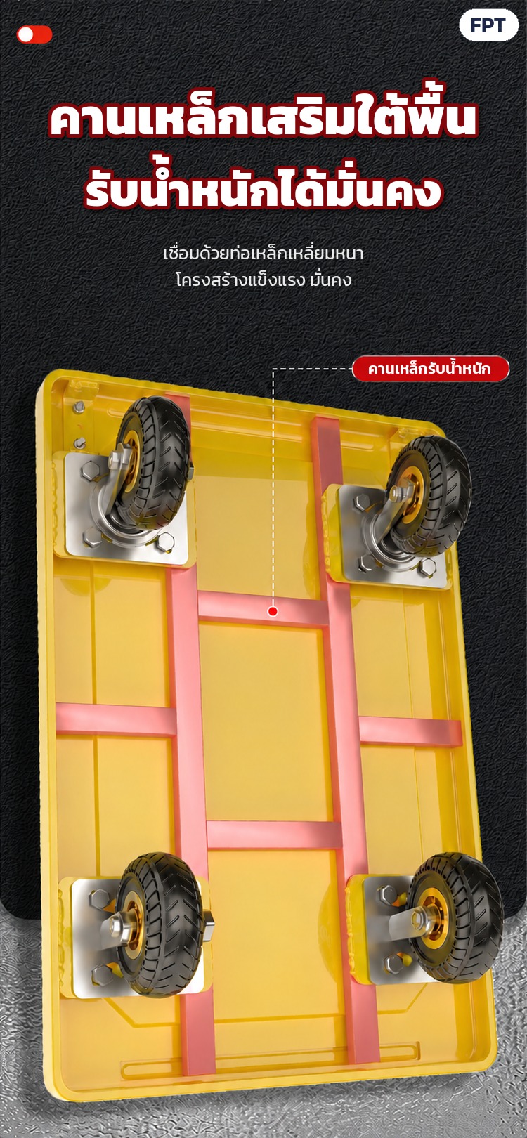 รถเข็นของพื้นเหล็กพับได้ 4 ล้อ 3 ขนาด 5 สี FPT – คานเหล็กเสริมใต้พื้นรถ เชื่อมด้วยท่อเหล็กเหลี่ยม และตำแหน่งล้อหมุน 2 ล้อตาย 2