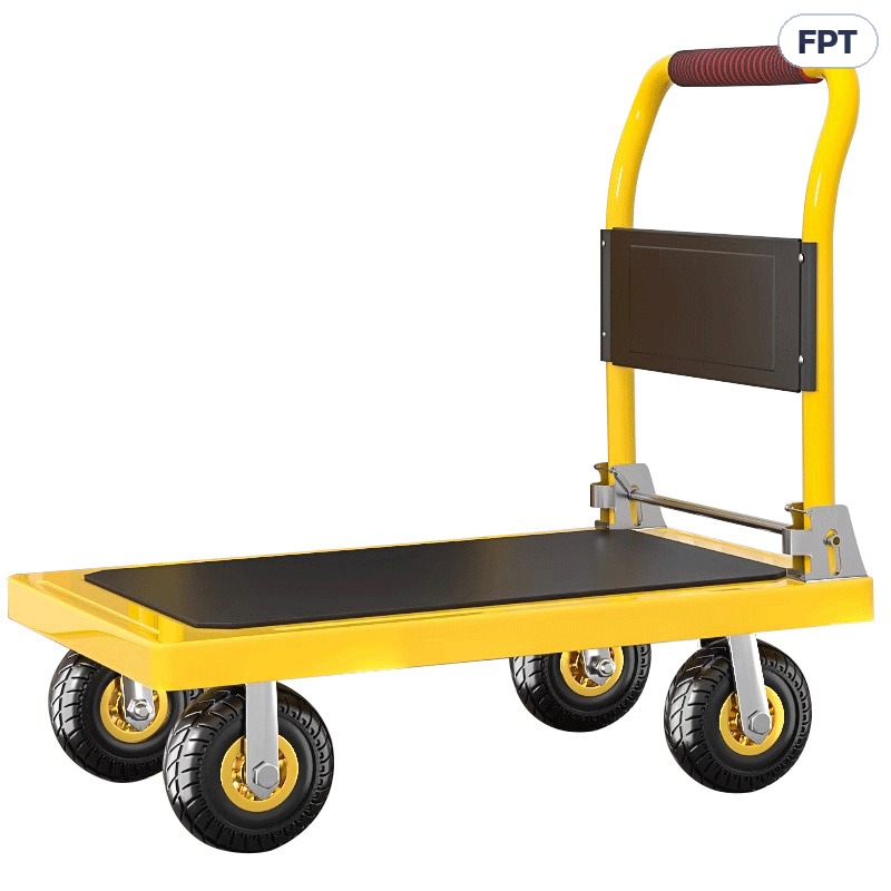 รถเข็นของพื้นเหล็กพับได้ 4 ล้อ 3 ขนาด 5 สี FPT – รถเข็นของพื้นเหล็ก 4 ล้อ สีเหลือง ด้ามจับพับได้ พื้นปูแผ่นยางกันลื่น (ภาพตัวอย่างรุ่นสีเหลือง)