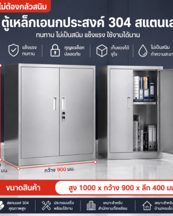 ตู้เหล็กสแตนเลส 304 บานเปิดทึบ 2 บาน + 2 ลิ้นชักบน (สูง1000×กว้าง900×ลึก400 มม.)