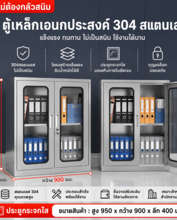 ตู้เหล็กสแตนเลส 304 บานเปิดกระจกนิรภัย (สูง950×กว้าง900×ลึก400 มม.)