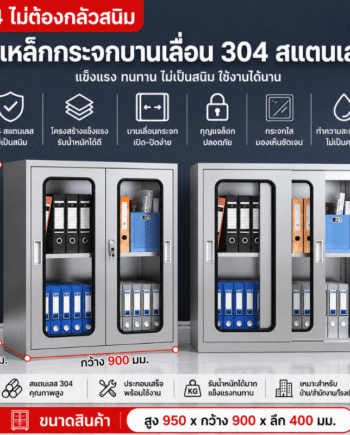ตู้เหล็กสแตนเลส 304 บานเลื่อนกระจก (สูง950×กว้าง900×ลึก400 มม.)