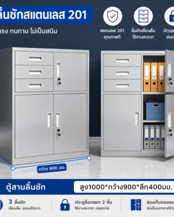 ตู้เหล็กสแตนเลส 201 ลิ้นชัก + บานเปิด (ตู้ผสมหลายช่อง) (สูง1000×กว้าง900×ลึก400 มม.)