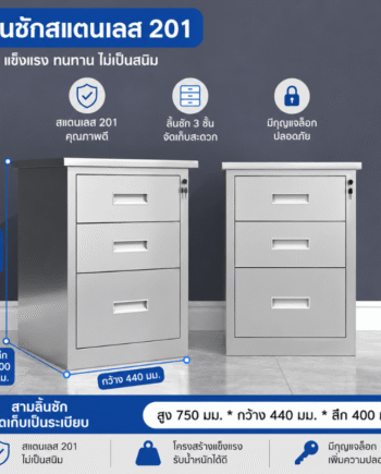 ตู้เหล็กสแตนเลส 201 ตู้ลิ้นชักเตี้ย 3 ลิ้นชัก (สูง750×กว้าง440×ลึก400 มม.)