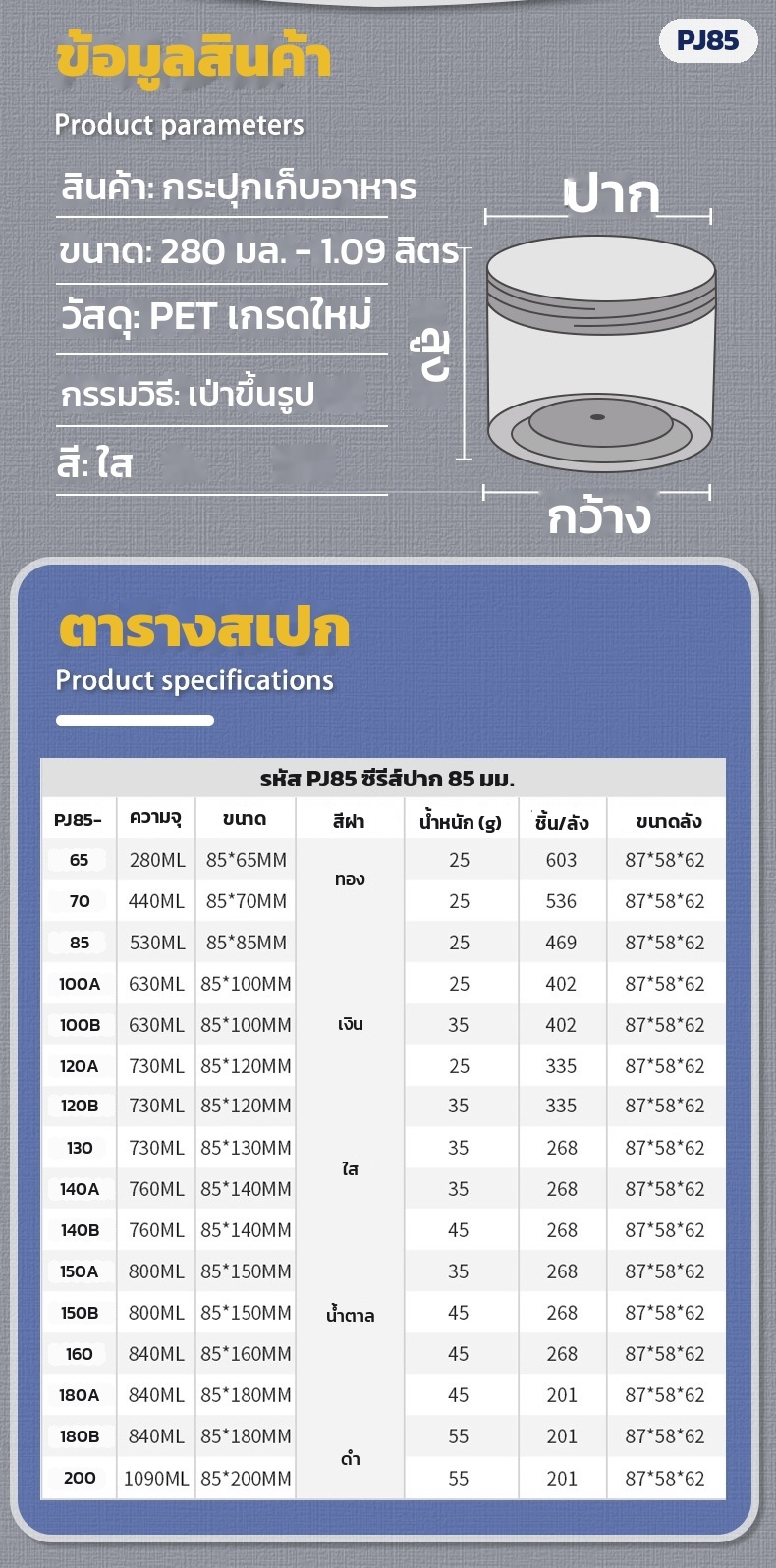 กระปุก PET ใส ปากกว้าง 85 มม. 280 มล.-1.09 ลิตร 16 ขนาด ฝาพลาสติก PP / ฝาอลูมิเนียม - Image 8